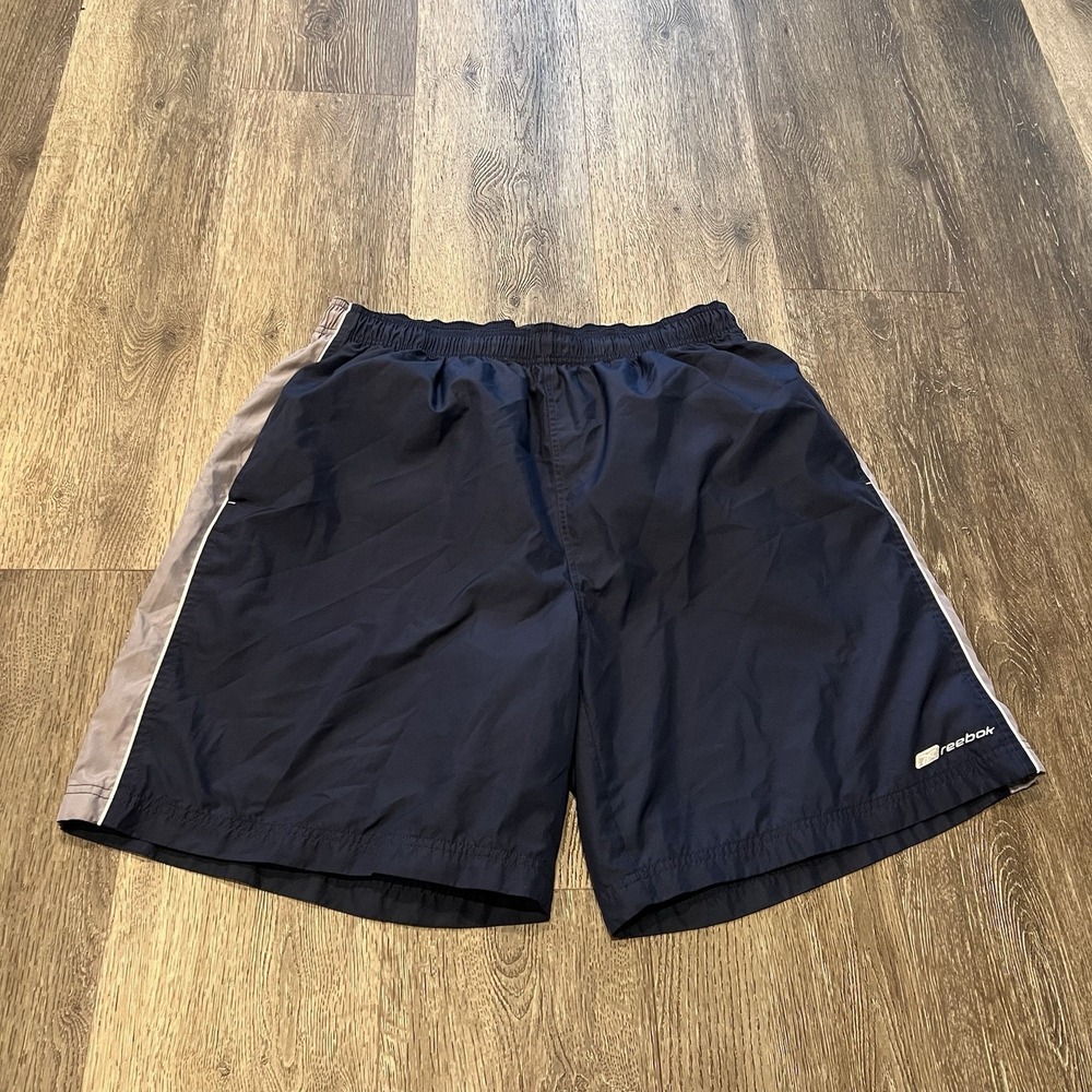 Vintage Reebok Athletic Shorts Men's Size XL Blue Gray Stripe 8" Inseam